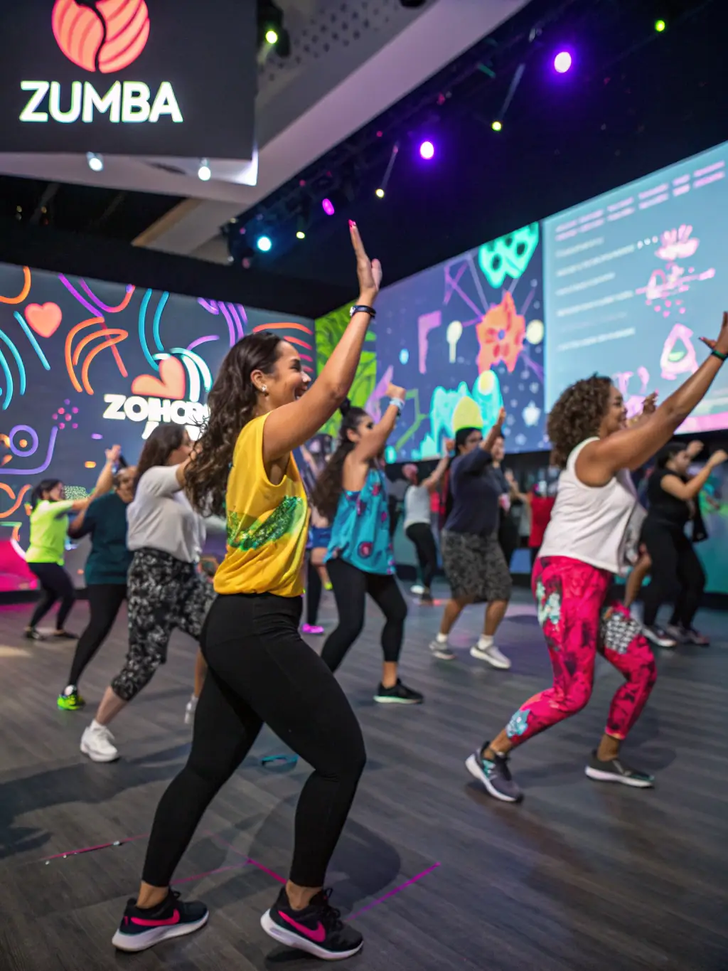 A group of adults participating in a Zumba class outdoors, demonstrating energy and fitness, with the sports complex visible in the background.