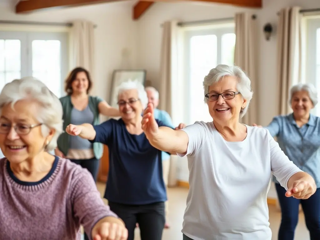A heartwarming image of seniors participating in a gentle exercise program, highlighting the importance of senior wellness and active aging.