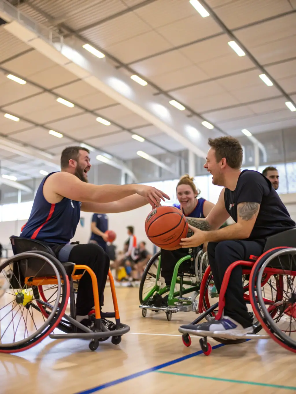 An image of athletes with disabilities participating in a wheelchair basketball game, highlighting inclusivity and competitive spirit.