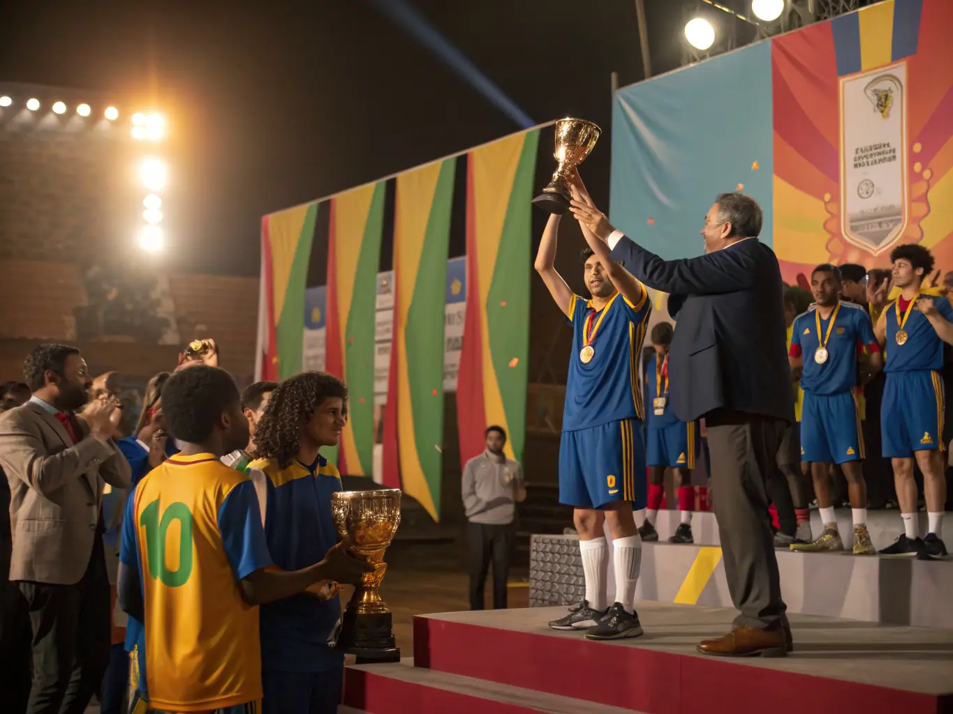 An image of athletes receiving medals at a local sports event, showcasing the achievements and community spirit fostered by OMS OFFICE MUNICIPAL DES SPORTS.