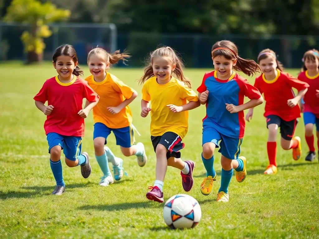 A vibrant image of children participating in a soccer clinic, showcasing teamwork and youthful energy, set against a backdrop of a sunny sports field.