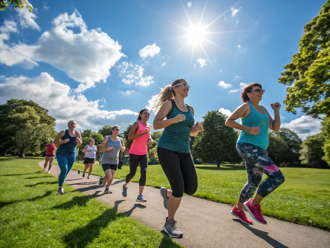 An image of adults engaged in a fitness class in a park, emphasizing health, vitality, and community engagement in outdoor exercise.