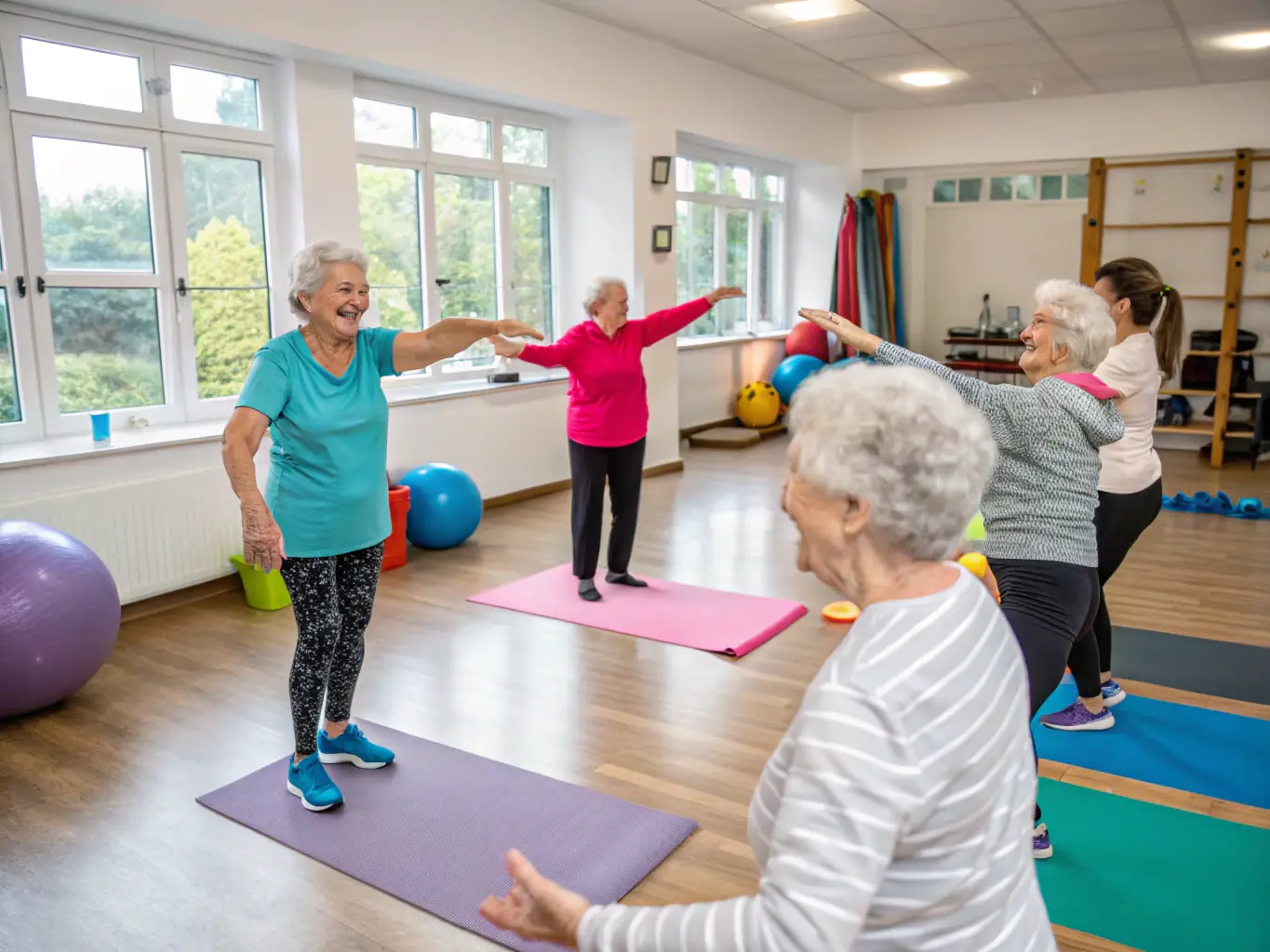 An image showing a senior citizen participating in a low-impact aerobics class at the sports complex, highlighting the benefits of sports for all ages.
