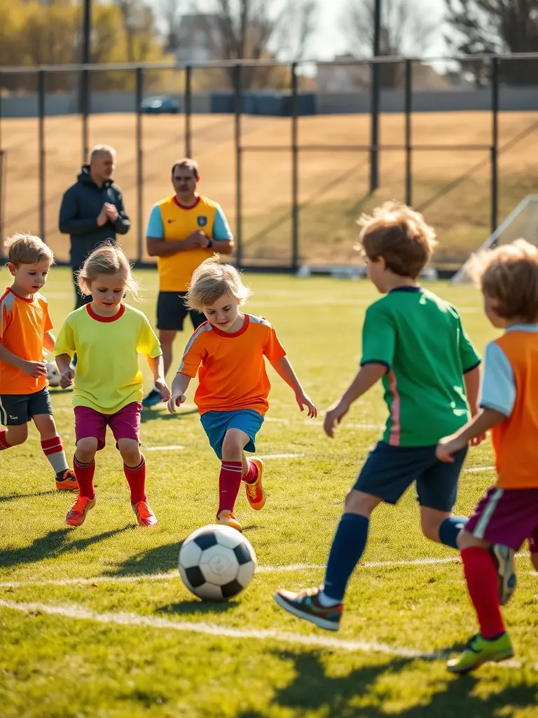 An action shot of children participating in a soccer clinic, showcasing skill development and teamwork, set against the backdrop of the COMPLEXE SPORTIF Y CHEVALI.