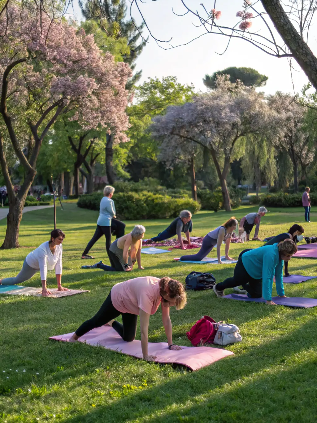 Seniors engaging in a gentle yoga session in a park, promoting flexibility and well-being, with a focus on accessible exercises.